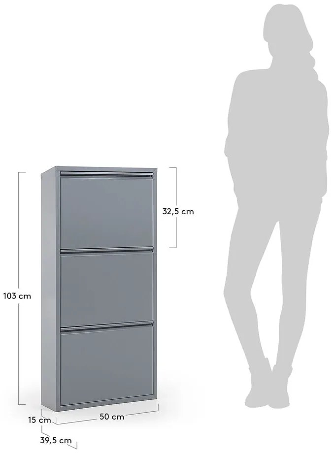 Sivá kovová skrinka na topánky s 3 výklopnými zásuvkami Kave Home Rox