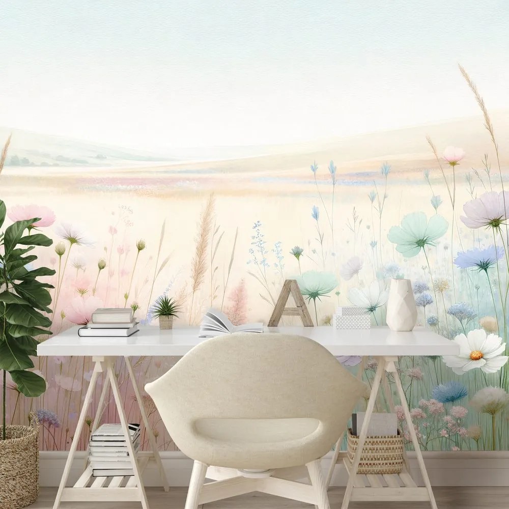 Samolepiaca tapeta pastelové kvety na lúke