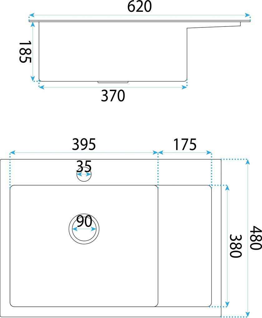 Rea Fin, 1-komorový oceľový drez 620x480x185 mm, brúsená oceľ, ZLE-06012