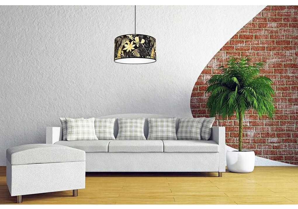 Závesné svietidlo Gold Flowers, 1x čierne textilné tienidlo s kvetinovým vzorom, (fi 40cm)