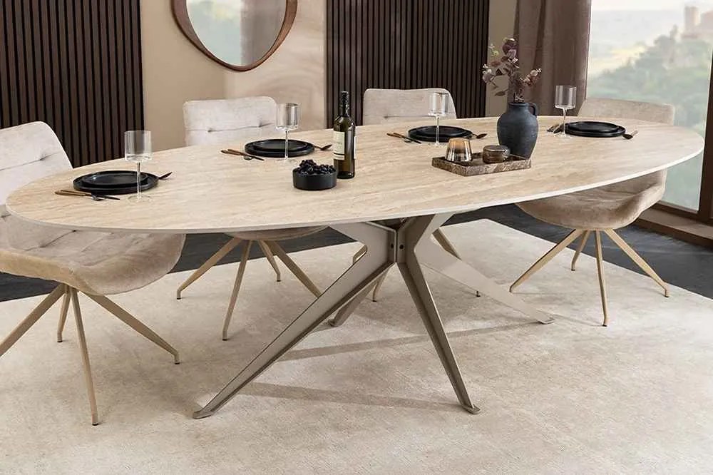 Oválny keramický jedálenský stôl Tavorian 220 cm travertín / šampanský