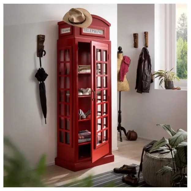 furniture-nabytek.cz - Masívna vitrína London police v červenej farbe, lakovaná, z mangového dreva – 64×40×185 cm