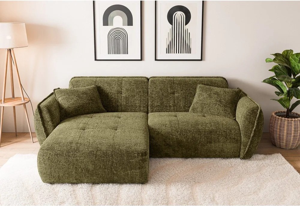 Zelená ženilková rohová pohovka (ľavý roh/s leňoškou) Nelia – Ropez