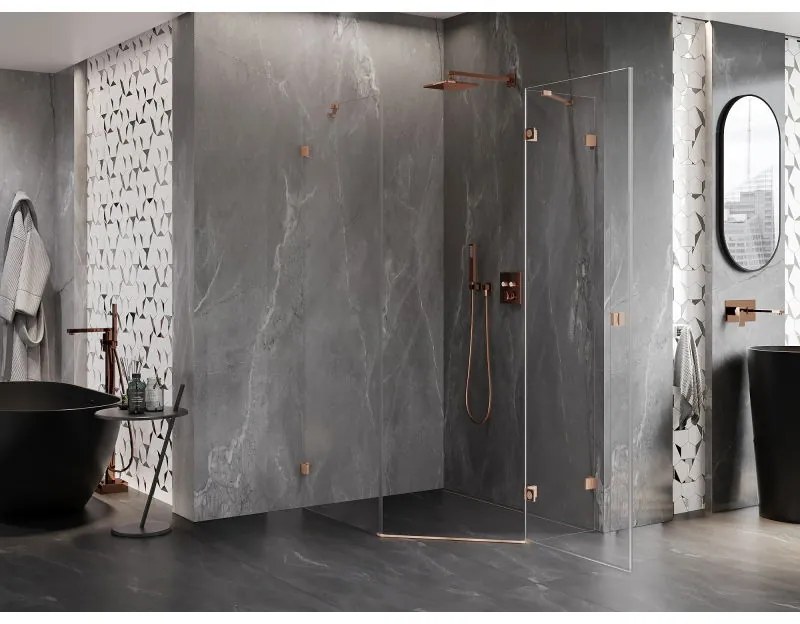 Mexen Lunar, päťuholníkový sprchový kút s pravým sklonom 90 x 100 cm, 8mm číre sklo, profil medená matná, 831-090P-100L-65-00-P