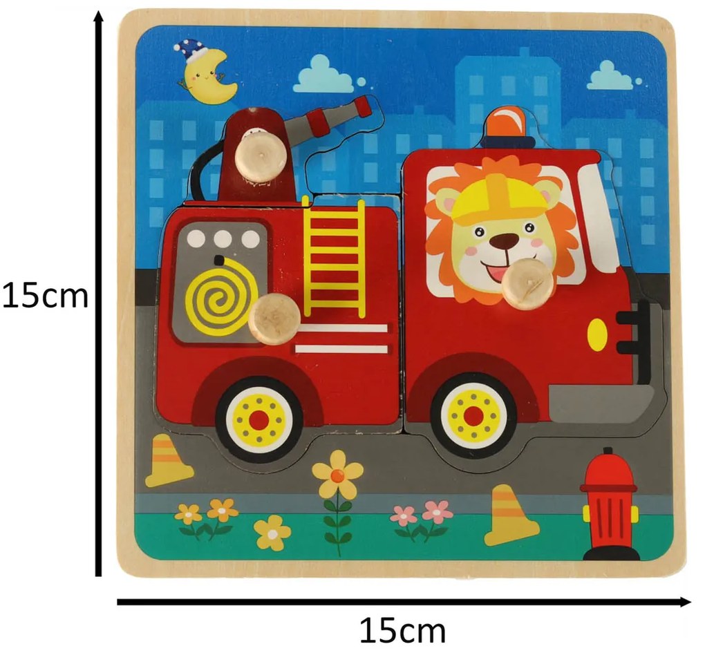 KIK Drevené puzzle Hasičský zbor pre deti – veľké dieliky s rúčkou, bezpečné
