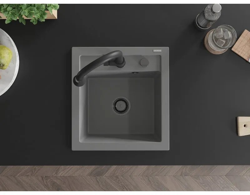 Mexen Vito, 1-komorový granitový drez 490x520x210 mm a drezová batéria Elia, šedá, 6503-71-670101-70-B