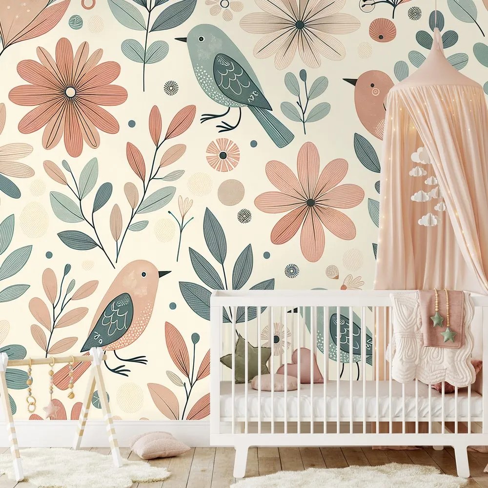 Fototapeta pastelové vtáčiky a kvety