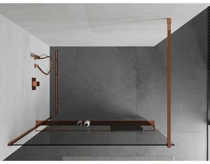 Mexen Kioto, sprchová zástena s poličkou a držiakom na uteráky 130 x 200 cm, 8mm číre sklo, profil ružové zlato, 800-130-121-60-00