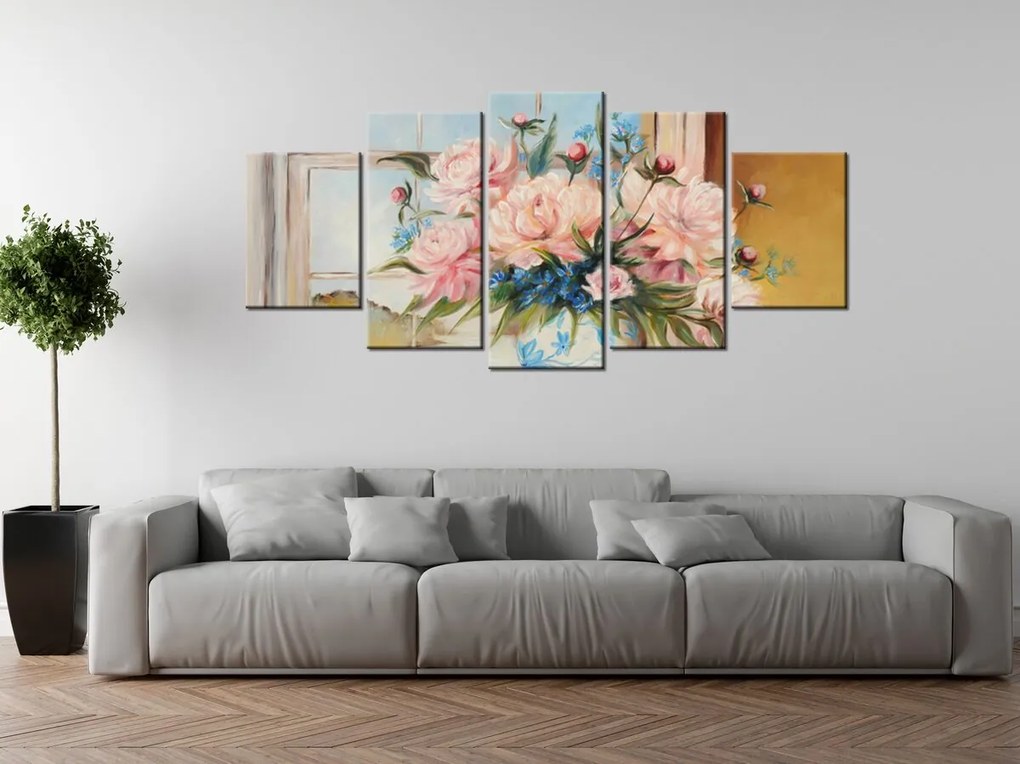 Gario Ručne maľovaný obraz Farebné kvety vo váze - 5 dielny Rozmery: 100 x 70 cm