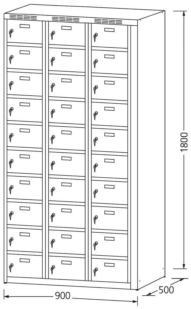 Alfa 3 Šatníková skrinka S6 s úložnými boxami, 30 boxov, 1800 x 900 x 500 mm, otočný zámok, tmavosivé dvere
