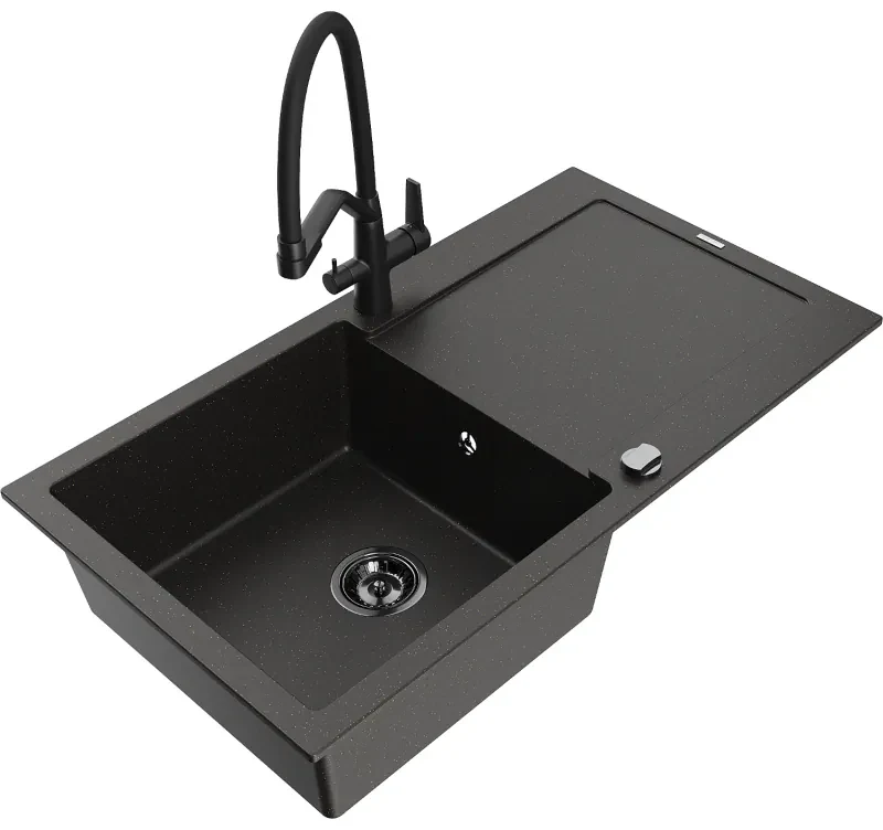 Mexen Leo, 1-komorový granitový drez 900x500x190 mm a drezová batéria Duo, čierna-zlatá metalíza, 6501-75-671701-70-B