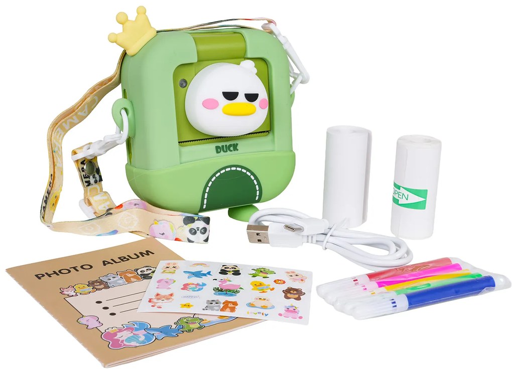 Detský fotoaparát s tlačiarňou – Medveď alebo Kačka + fixky a nálepky Tvar: Kačka