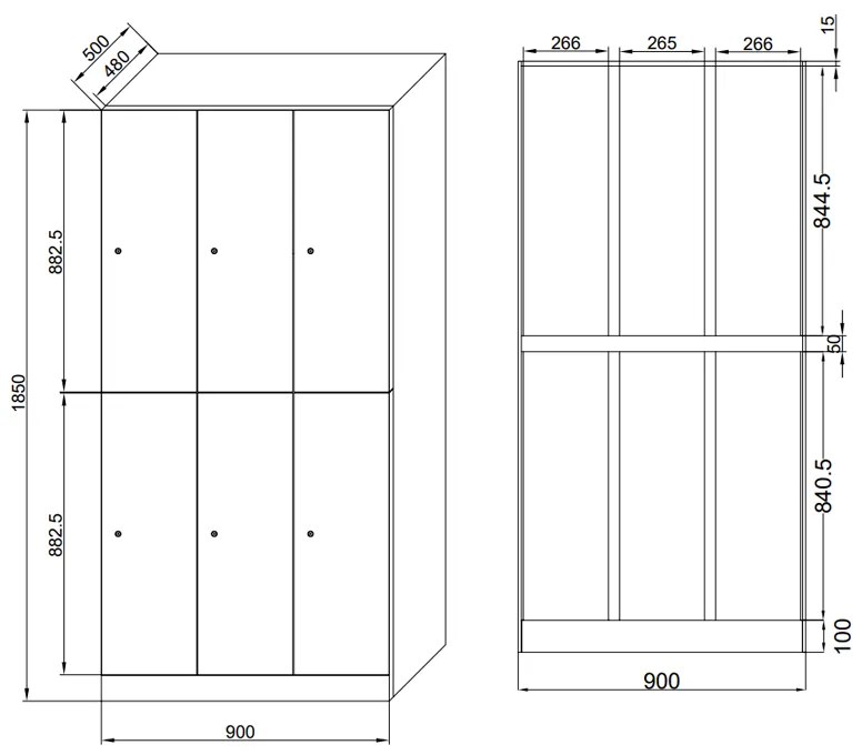 Šatníková skrinka s úložnými boxmi, 6 boxov, 1850 x 900 x 500 mm, cylindrický zámok, laminované dvere, orech