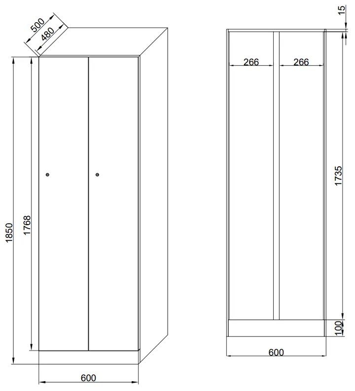 Kovová šatníková skrinka, 2-dverová, 1850 x 600 x 500 mm, zámok s čítačkou RFID kariet, laminované dvere, buk