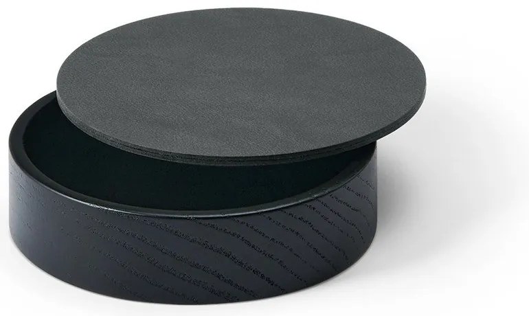 Čierny/antracitový drevený/z eko kože úložný box s vekom/dekoratívny ø 11x3,5 cm Circle Nupo – LIND DNA