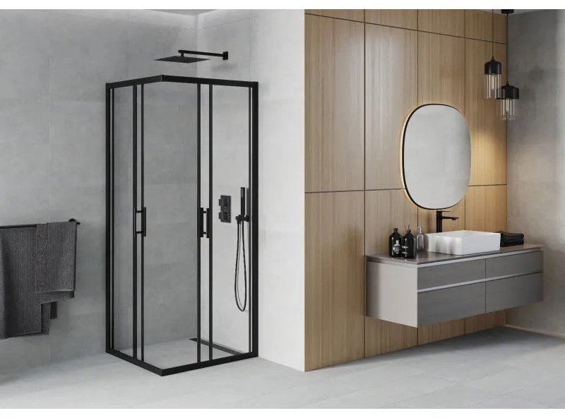 Mexen Rio, štvorcový sprchovací kút s posuvnými dverami 90(dvere) x 90(dvere) x 190 cm, 6mm číre sklo, čierny profil, 860-090-090-70-00