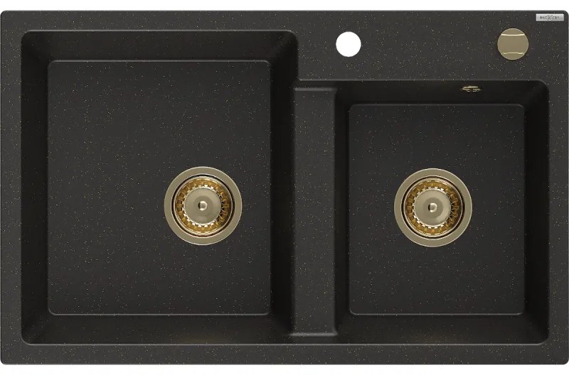 Mexen Tomas, granitový drez 800x500x190 mm, 2-komorový, čierna-zlatá metalíza so zlatým sifónom, 6516802000-75-G