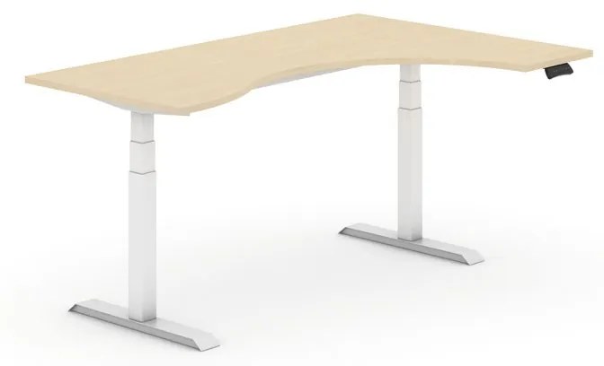Výškovo nastaviteľný stôl, elektrický, 625-1275 mm, ergonomický pravý, doska 1800x1200 mm, breza, biela podnož