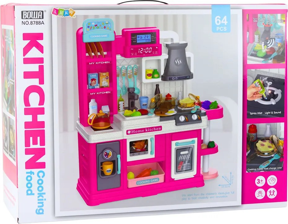 LEAN Toys Detská kuchyňa Cirkulácia vody Potraviny Zmena farby Pár Ružová 64 el.