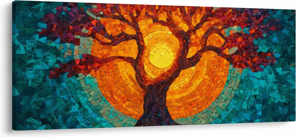 Obraz - Strom života a slnko v mozaike (120x50 cm)