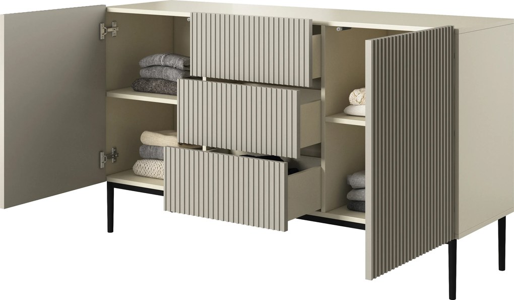 Komoda Nicole 150 cm so zásuvkami a ryhovaným čelom - kasmír / čierne nožičky