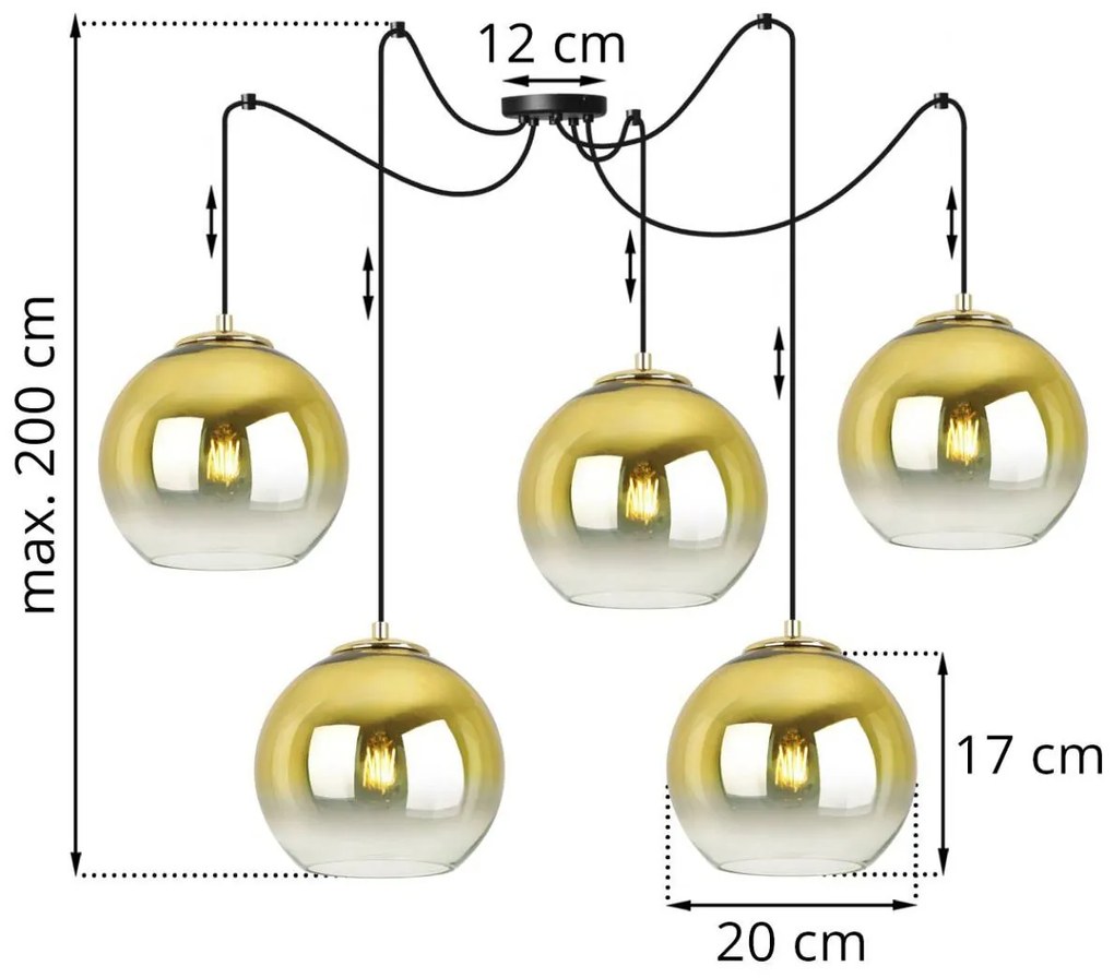 Závesné svietidlo BERGEN GOLD SPIDER, 5x zlaté/transparentné sklenené tienidlo (fi 20cm)