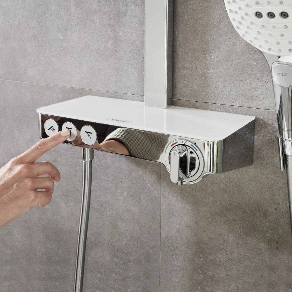 HANSGROHE Raindance Select E Showerpipe nástenný sprchový systém s termostatom ShowerTablet Select 300, horná sprcha 3jet 318 x 190 mm, ručná sprcha 3jet, biela/chróm, 27127400