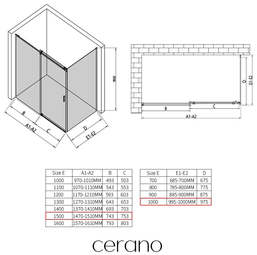 CERANO - Sprchovací kút Santoro Ľ/P - 8 mm - chróm, transparentné sklo - 150x100 cm - posuvný, CER-CER-8050BD7365