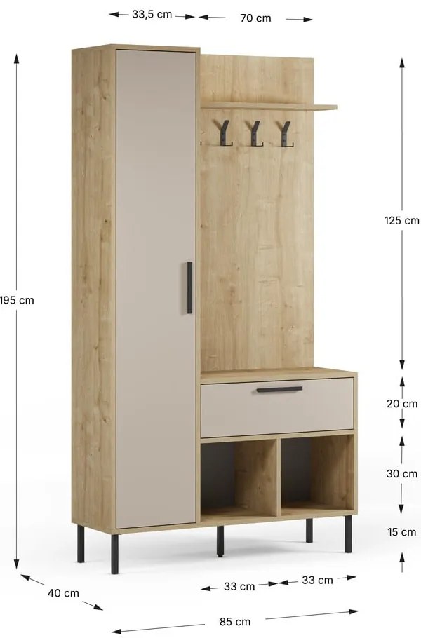 Predsieňová zostava v dekore duba v krémovo-prírodnej farbe 108x195x35 cm Heidy – Marckeric