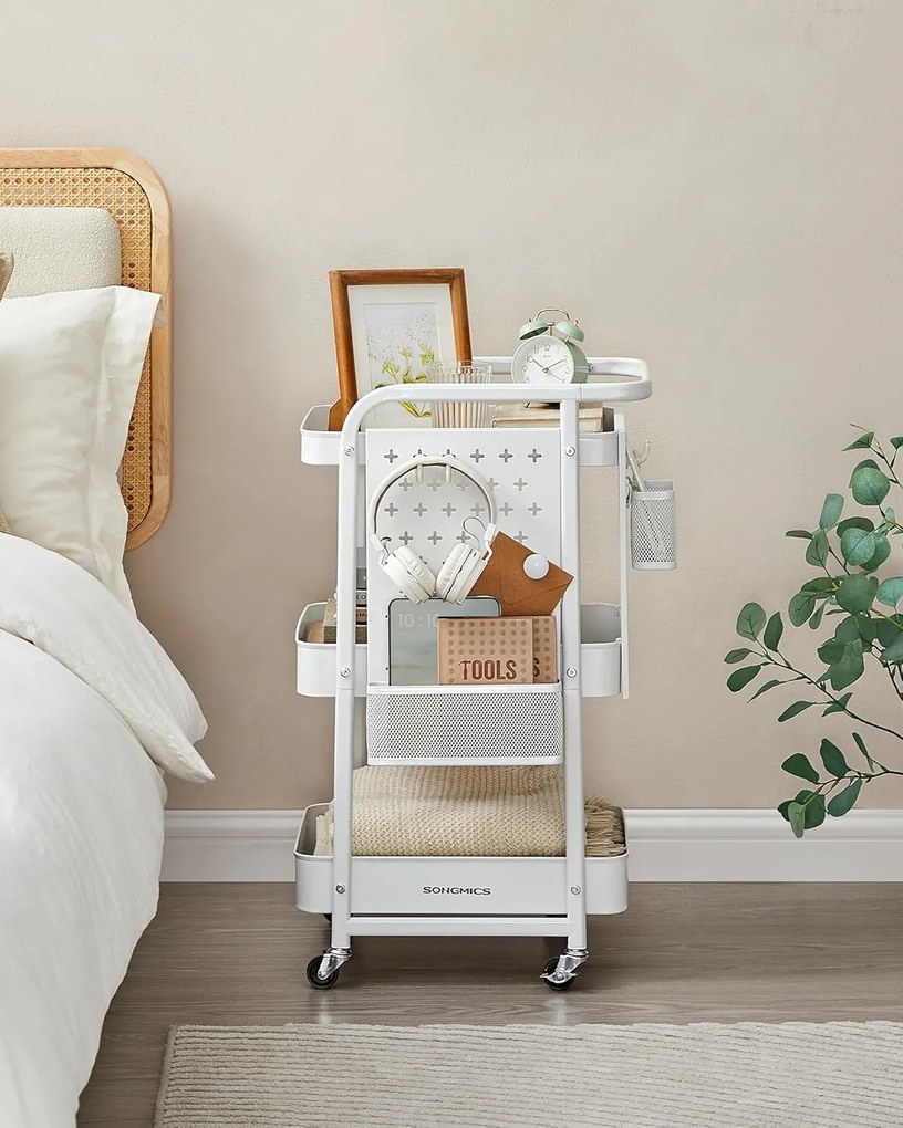 Kuchynský vozík, 3 kovové sieťované police, servírovací vozík, 32,3 x 43,3 x 73,9 cm, biely