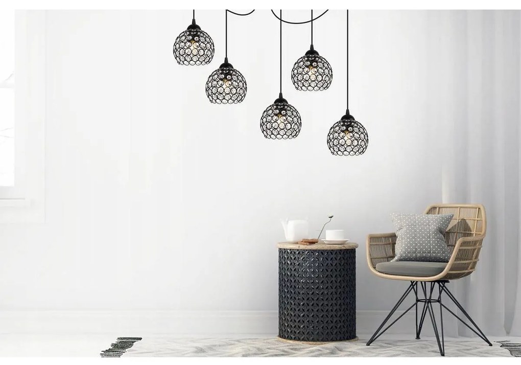Závesné svietidlo Crystal Spider, 5x čierne krištáľové tienidlo