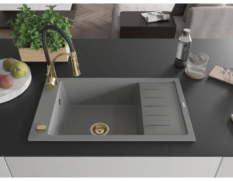 Mexen Elias, 1-komorový granitový drez 795x480x200 mm a drezová batéria Aster, šedá, 6511-71-73450-57-G