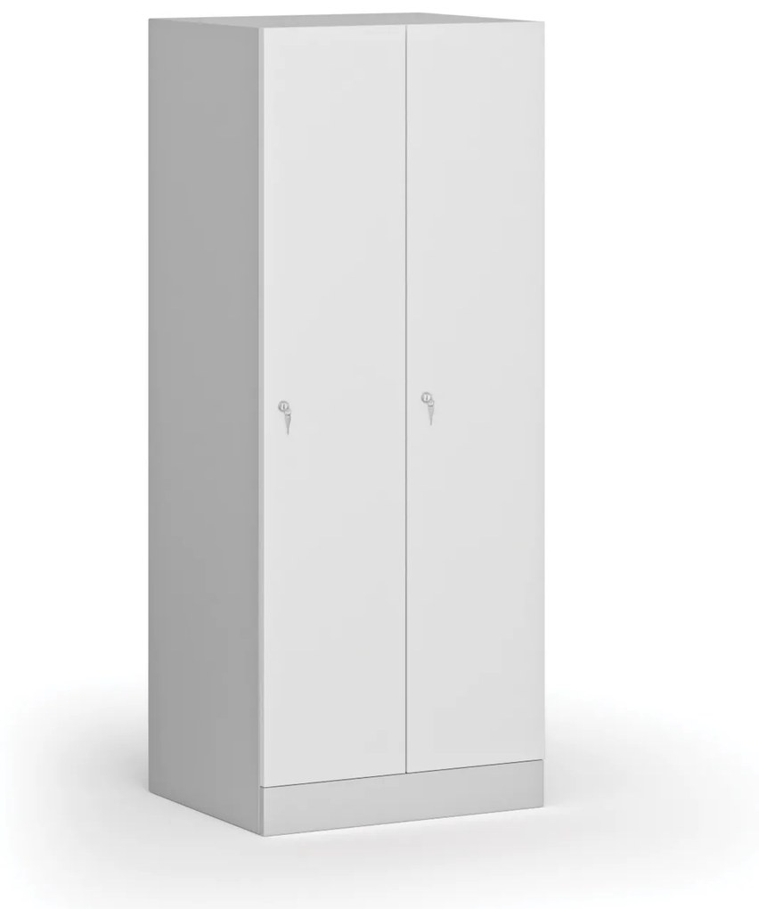 Šatníková skrinka znížená, 2 oddiely, 1500 x 600 x 500 mm, cylindrický zámok, laminované dvere, biela