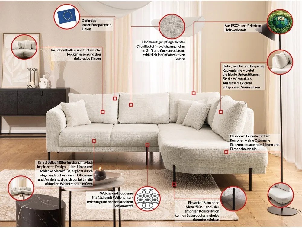 Béžová ženilková rohová pohovka (pravý roh/do L) Mauris – Ropez