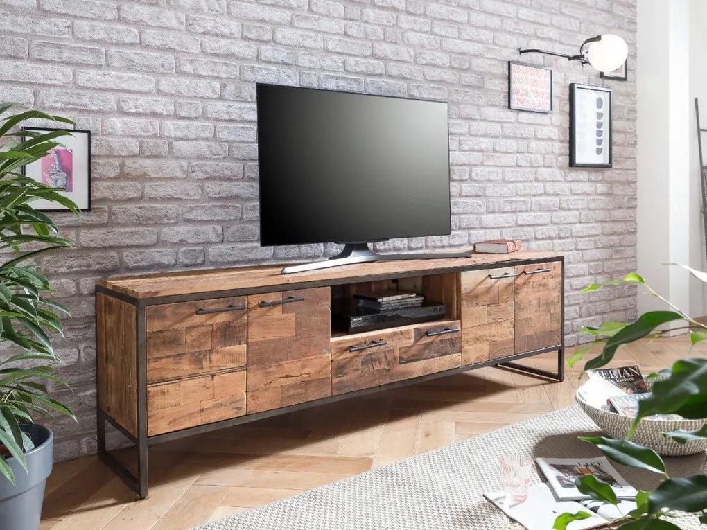 furniture-nabytek.cz - Masivní TV stolek Bristol z recyklovaného dřeva, hnědý – 180×38×52 cm