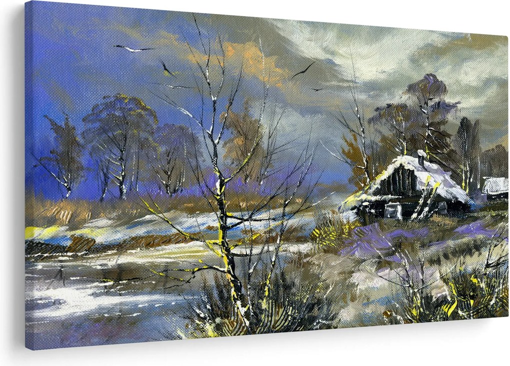 Obraz chalúpky v zimnej krajine, olejomaľba (90x60 cm)