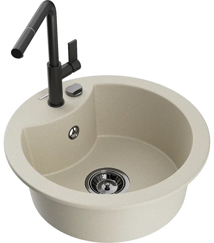Mexen Diego, 1-komorový granitový drez 488x488x167 mm a drezová batéria Flora, béžová, 6512-69-670401-70-B