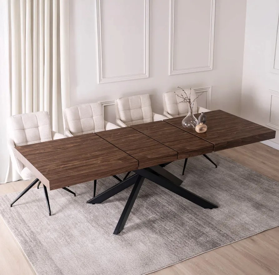 Sada stola HAMPTON 160-240 cm orech/čierna a 4 kresiel AKITA krémovej farby