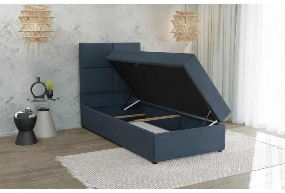 Tmavomodrá čalúnená jednolôžková posteľ s úložným priestorom s roštom 90x200 cm Lena – Ropez