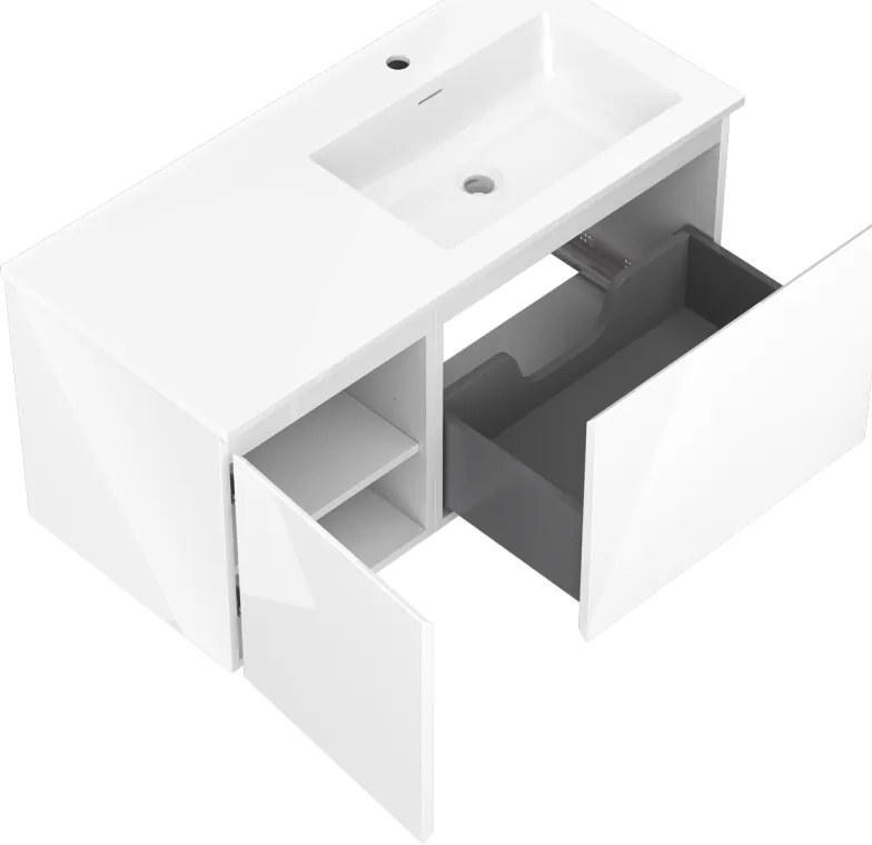 Mexen Orio, kúpeľňová skrinka 100 cm s pravým umývadlom Otis, 1S, 1D, biela lesklá, 91A13-10047-3-BBFF00-W18P00