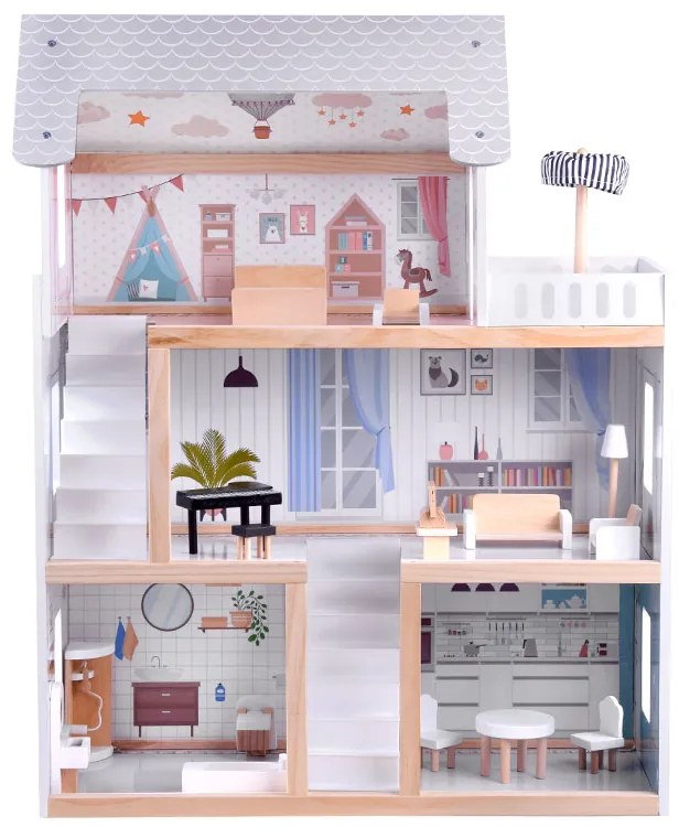 Jokomisiada Drevený domček pre bábiky v štýle Boho s LED osvetlením ZA4131