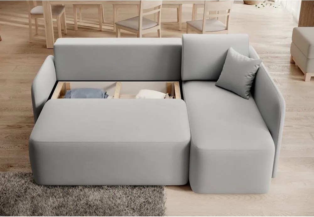 Svetlosivá zamatová rozkladacia/s úložným priestorom rohová pohovka (pravý roh/s leňoškou) Hadson – ELTAP