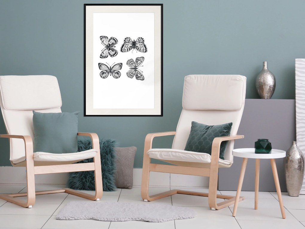 Artgeist Plagát - Four Butterflies [Poster] Veľkosť: 20x30, Verzia: Čierny rám s passe-partout