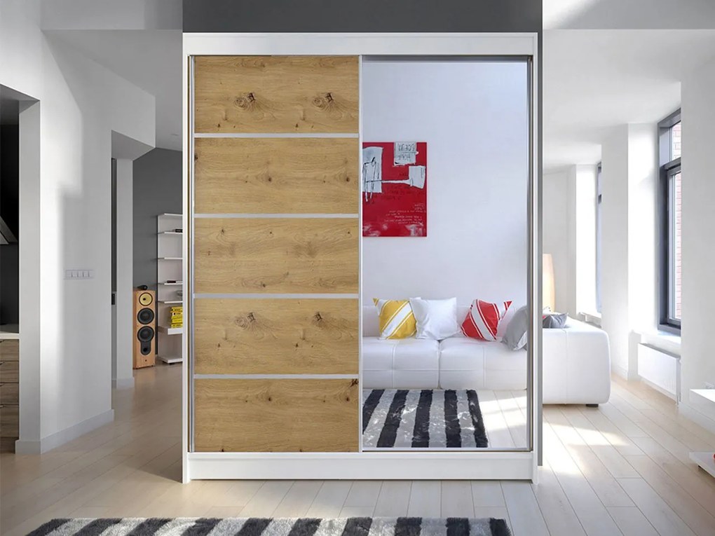 Šatníková skriňa Belgia III, Farby: čierna / biela + zrkadlo, Osvetlenie: osvetlenie LED RGB - farebné