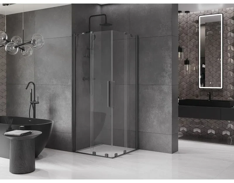 Mexen Velar Duo, sprchový kút s posuvnými dverami 80 x 80 cm, 8mm číre sklo, brúsený grafit, 871-080-080-02-95