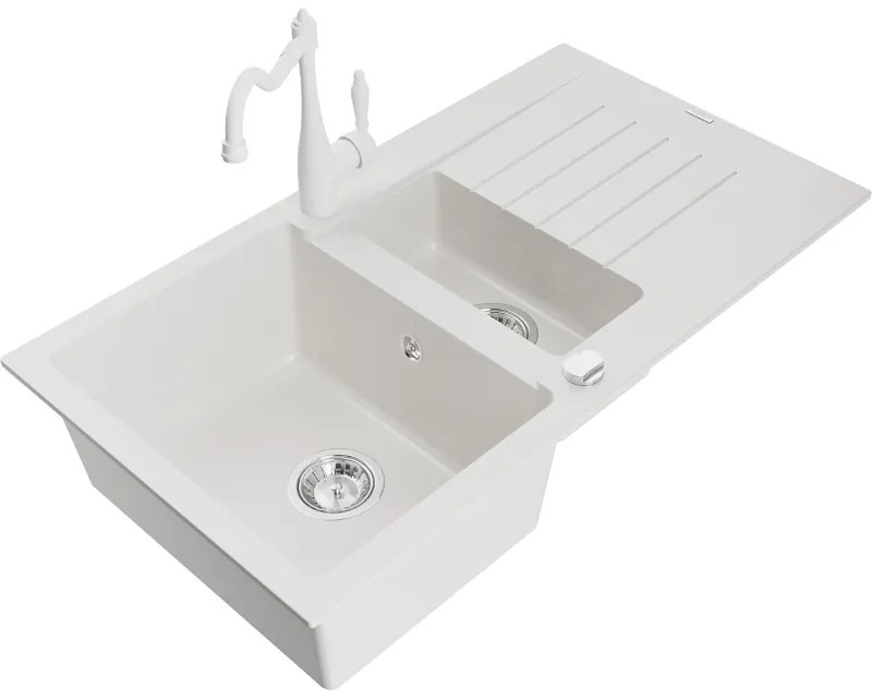 Mexen Matias, granitový drez 900x505x200 mm, 1,5-komorový a drezová batéria Carla, biela, 6502-20-670700-20