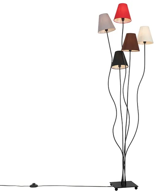 Dizajnová stojaca lampa čierna s textilnými tienidlami 5-svetlo - Melis