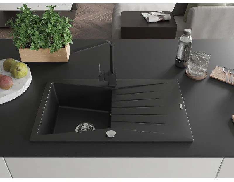Mexen Cesar, granitový drez 775x470x190 mm, 1-komorový, čierna s chrómovým sifónom a čierna drezová batéria Rita, 6514-77-670300-70