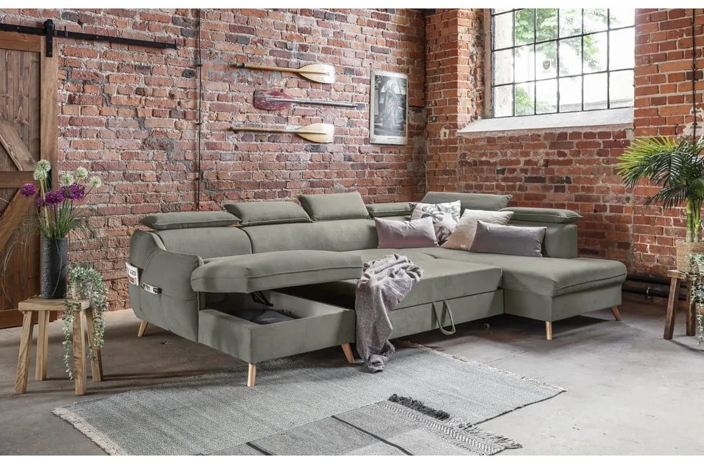 Svetlosivá zamatová rozkladacia rohová pohovka do "U" (pravý roh) Sweet Harmony – Miuform