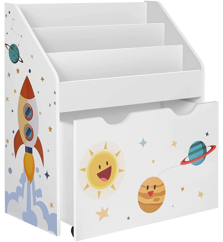 Detský organizér na knihy s úložným boxom na hračky, biely s vesmírnym motívom